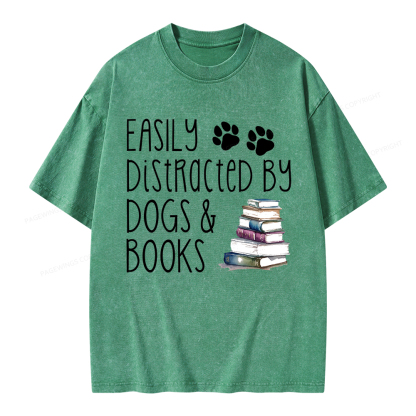 Pagewings Easily Distracted By Dogs And Books Unisex Washed T-shirt