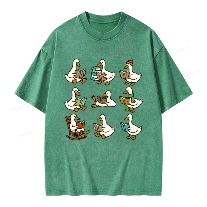 Pagewings Cute Goose Reading Unisex Washed T-shirt