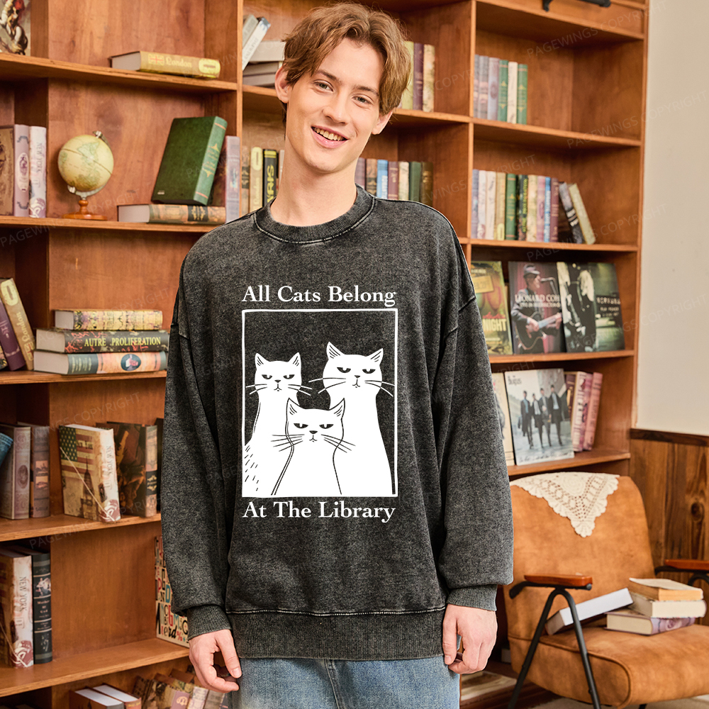 Pagewings All Cats Belong At The Library Unisex Washed Sweatshirt