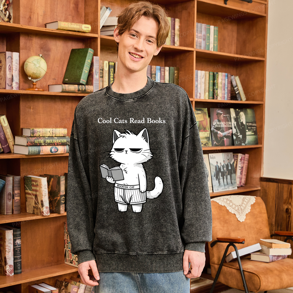 Pagewings Cool Cats Read Books Unisex Washed Sweatshirt
