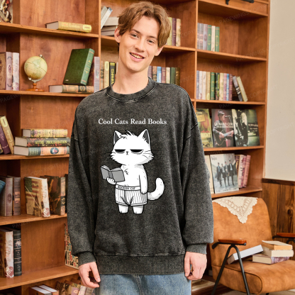 Pagewings Cool Cats Read Books Unisex Washed Sweatshirt