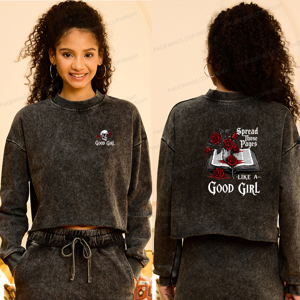 Pagewings Spread Those Pages Like a Good Girl Women Washed Crop Sweatshirt