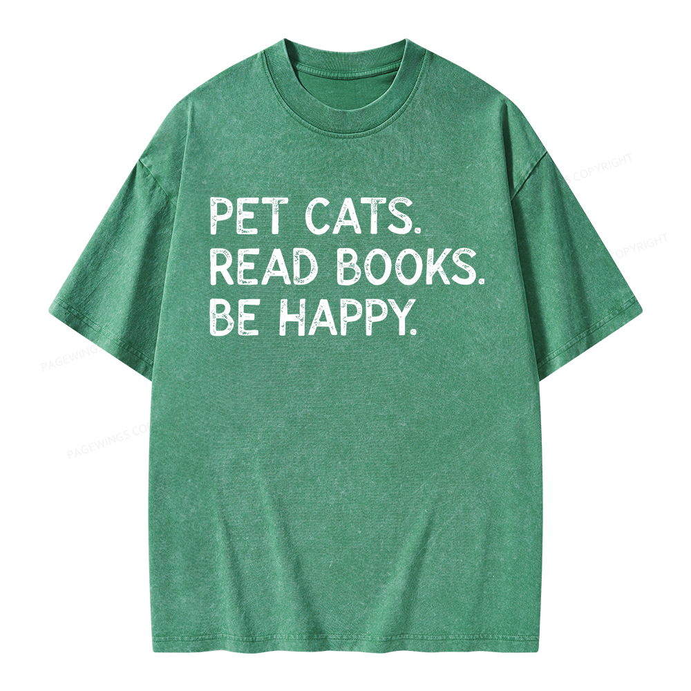 Pagewings Pet Cats Read Books Be Happy Unisex Washed T-shirt