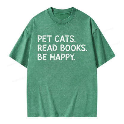 Pagewings Pet Cats Read Books Be Happy Unisex Washed T-shirt