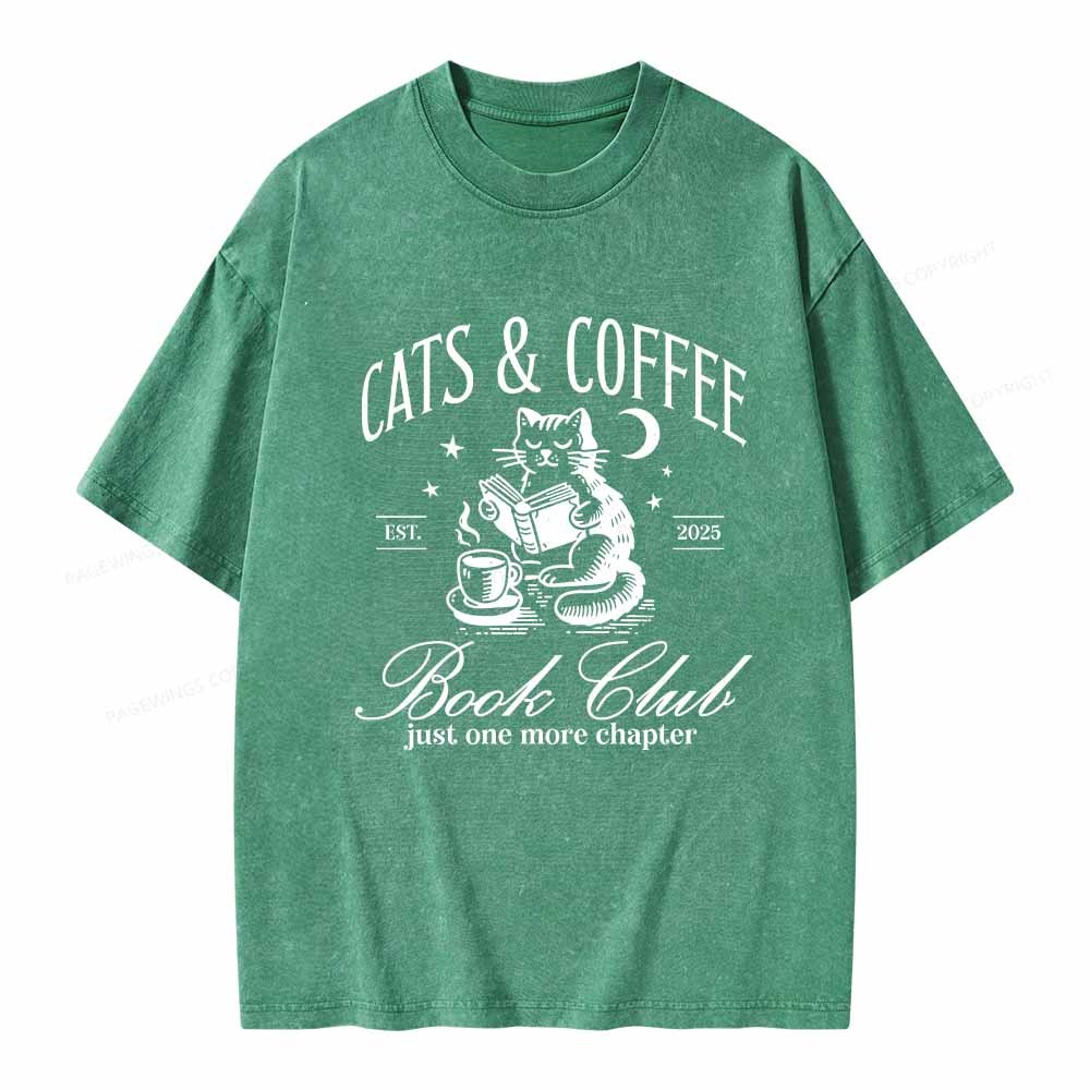 Pagewings Cats and Coffee Bookclub Unisex Washed T-shirt