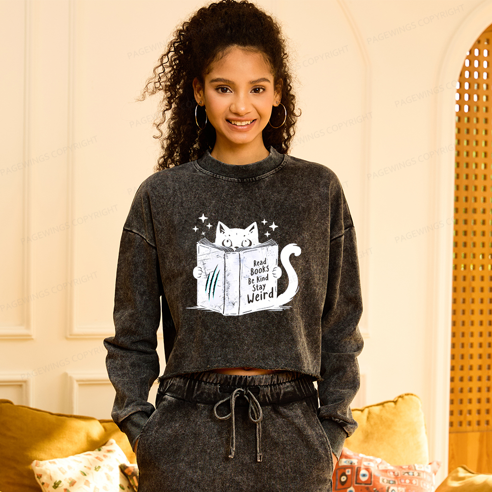 Pagewings Read Books Be Kind Stay Weird Washed Crop Sweatshirt