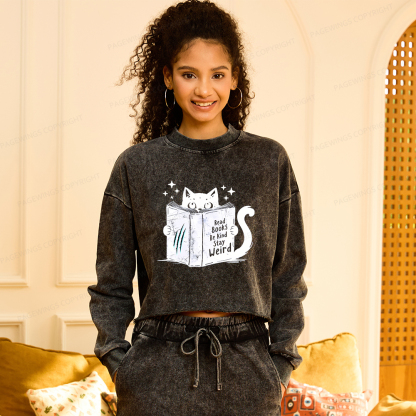 Pagewings Read Books Be Kind Stay Weird Washed Crop Sweatshirt