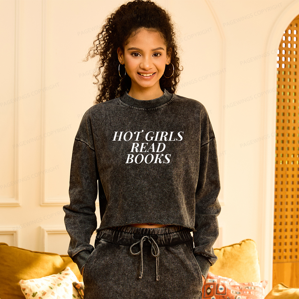 Pagewings Hot Girls Read Books Washed Crop Sweatshirt