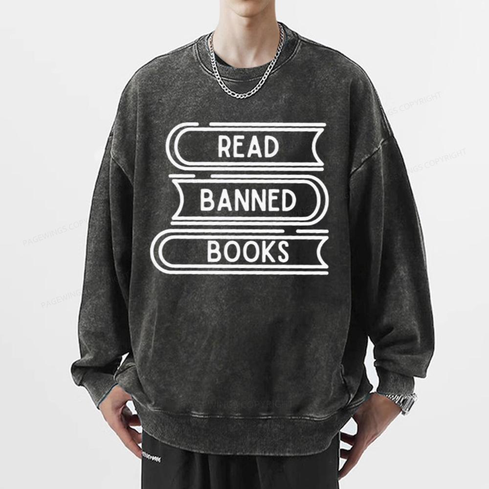 Pagewings Read Banned Books Stack Unisex Tee Unisex Washed Sweatshirt