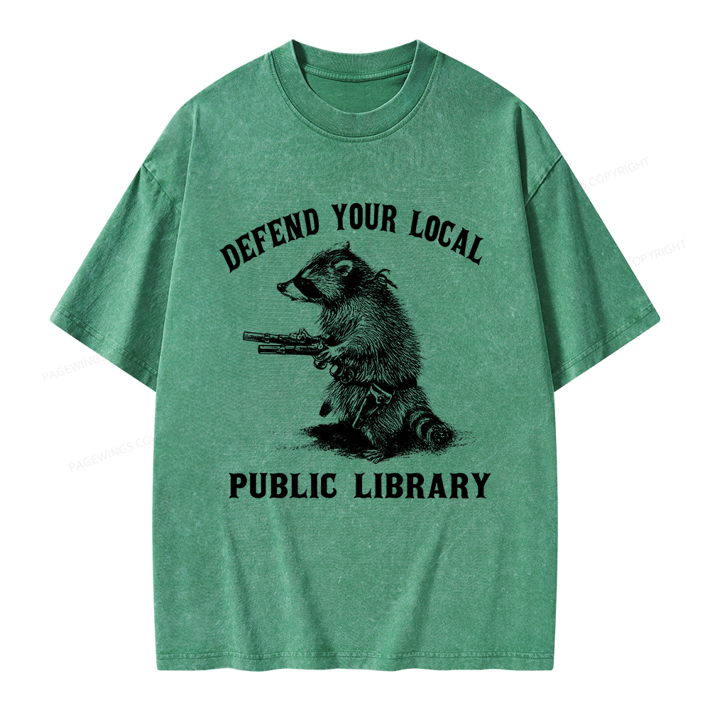 Pagewings Raccoon Defend Your Local Public Library Unisex Washed T-shirt