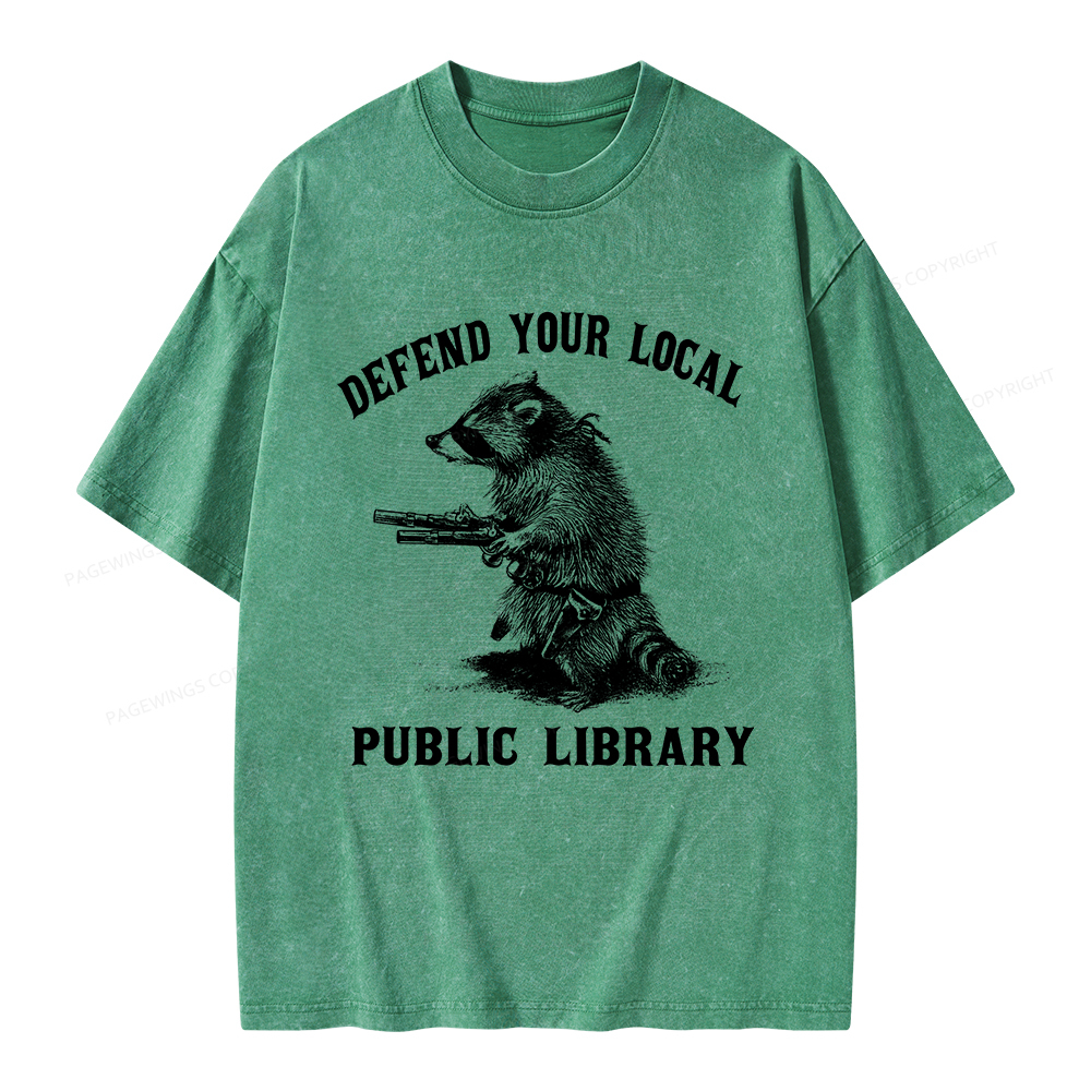 Pagewings Raccoon Defend Your Local Public Library Unisex Washed T-shirt