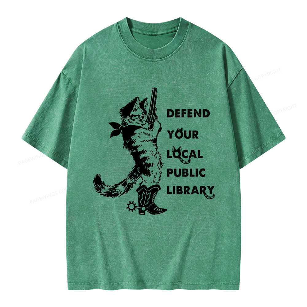 Pagewings Cat Defend Your Local Public Library Unisex Washed T-shirt