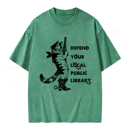 Pagewings Cat Defend Your Local Public Library Unisex Washed T-shirt