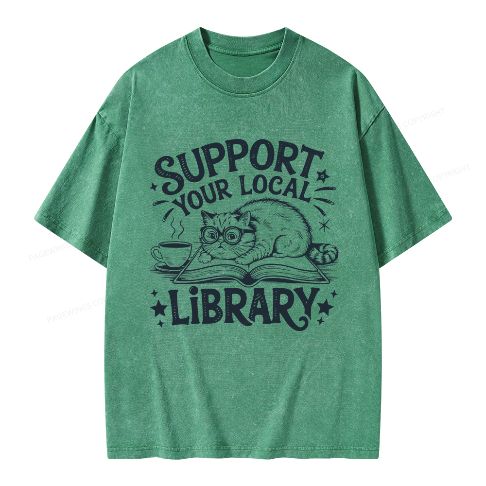 Pagewings Support Your Local Library Cat  Unisex Washed T-shirt