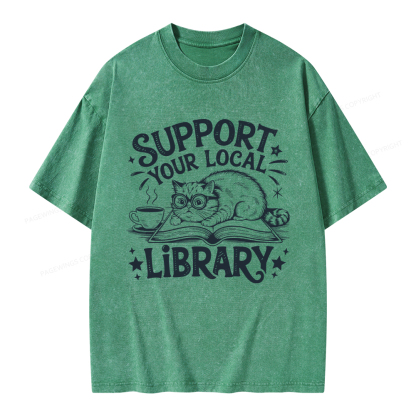 Pagewings Support Your Local Library Cat  Unisex Washed T-shirt
