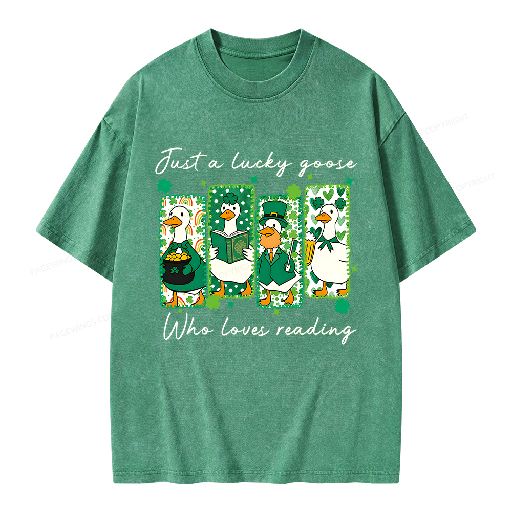 Pagewings St Patrick’s Day Just A Lucky Goose Who Loves Reading Unisex Washed T-shirt