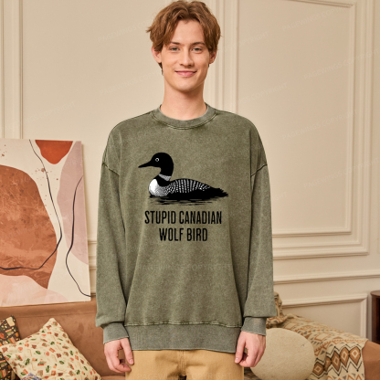 Pagewings Stupid Canadian Wolf Bird Unisex Washed Sweatshirt