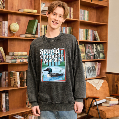 Pagewings Stupid Canadian Wolf Bird Unisex Washed Sweatshirt