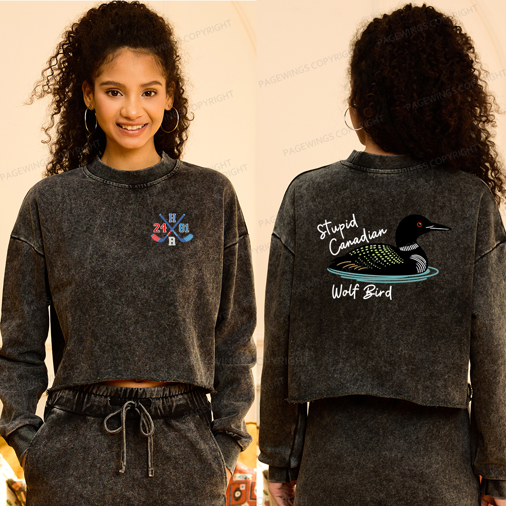 Pagewings Stupid Canadian Wolf Bird Washed Crop Sweatshirt