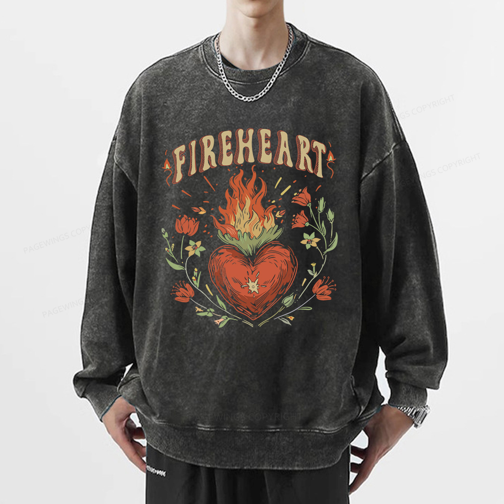 Pagewings Vintage Fire-heart Shirt Unisex Washed Sweatshirt