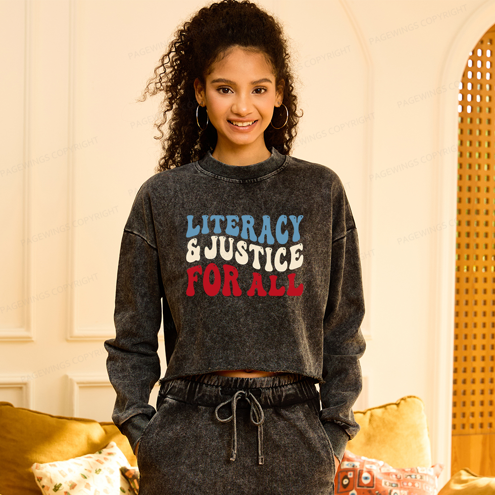 Pagewings Literacy And Justice For All Washed Crop Sweatshirt