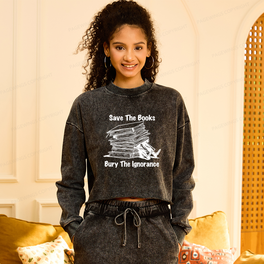 Pagewings Save The Books Bury The Ignorance Washed Crop Sweatshirt