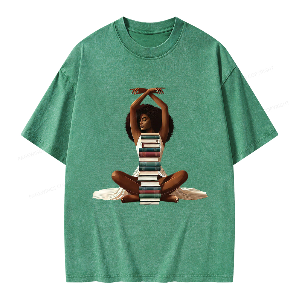 Pagewings Black Girl Reading Unisex Washed T-shirt