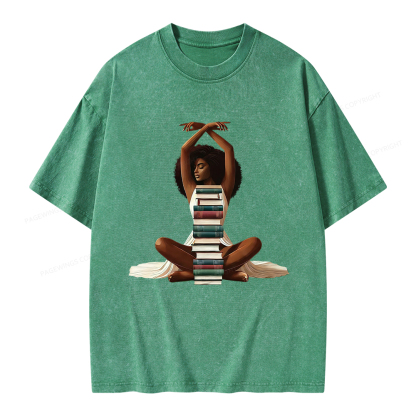 Pagewings Black Girl Reading Unisex Washed T-shirt