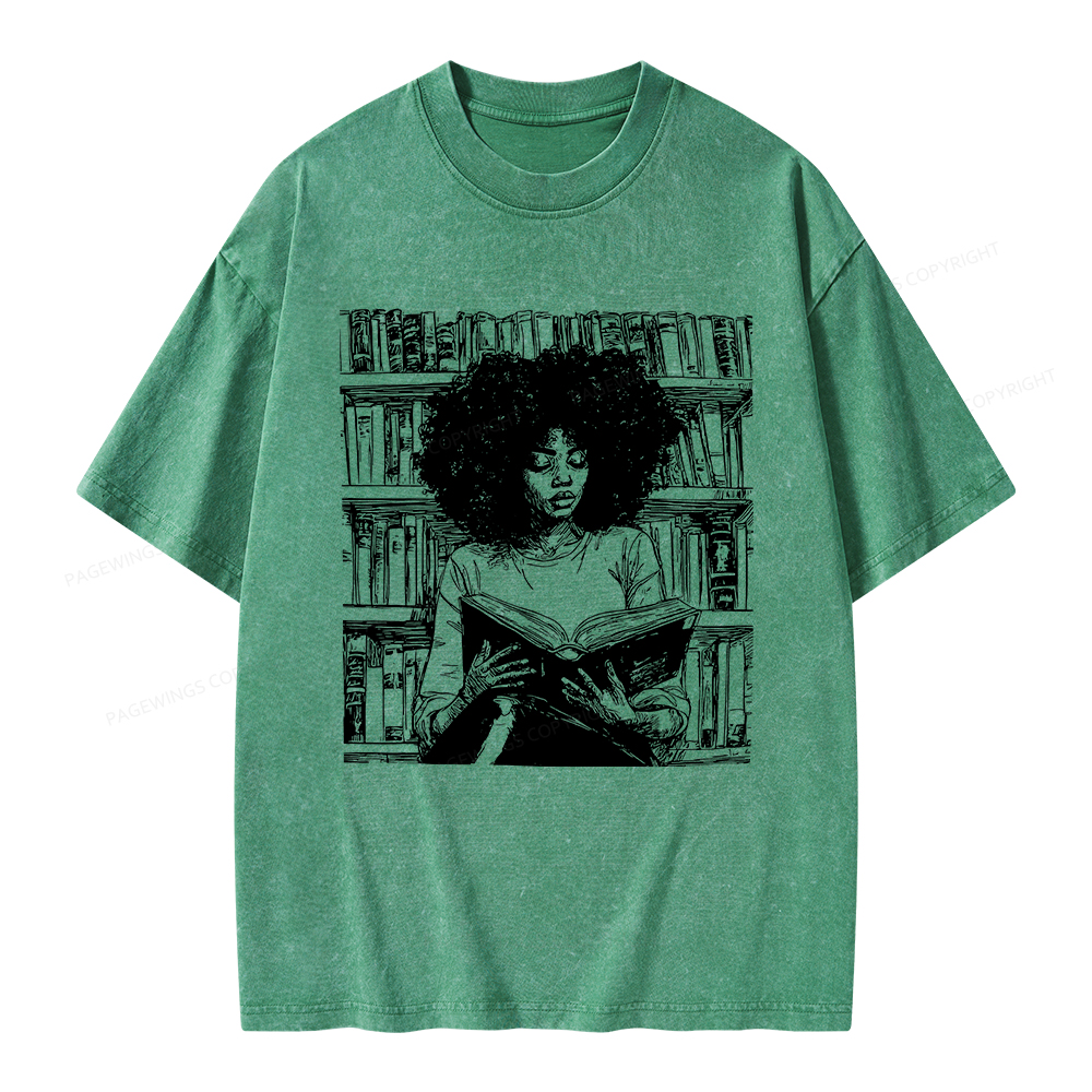 Pagewings Black Girl Reading Unisex Washed T-shirt