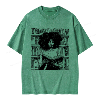 Pagewings Black Girl Reading Unisex Washed T-shirt