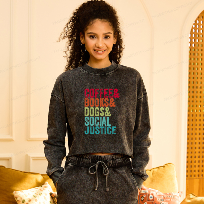 Pagewings Books Coffee Dogs Social Justice Washed Crop Sweatshirt