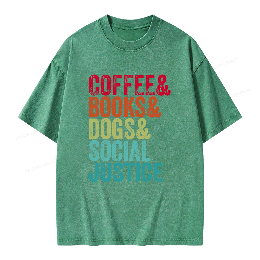 Pagewings Books Coffee Dogs Social Justice Unisex Washed T-shirt