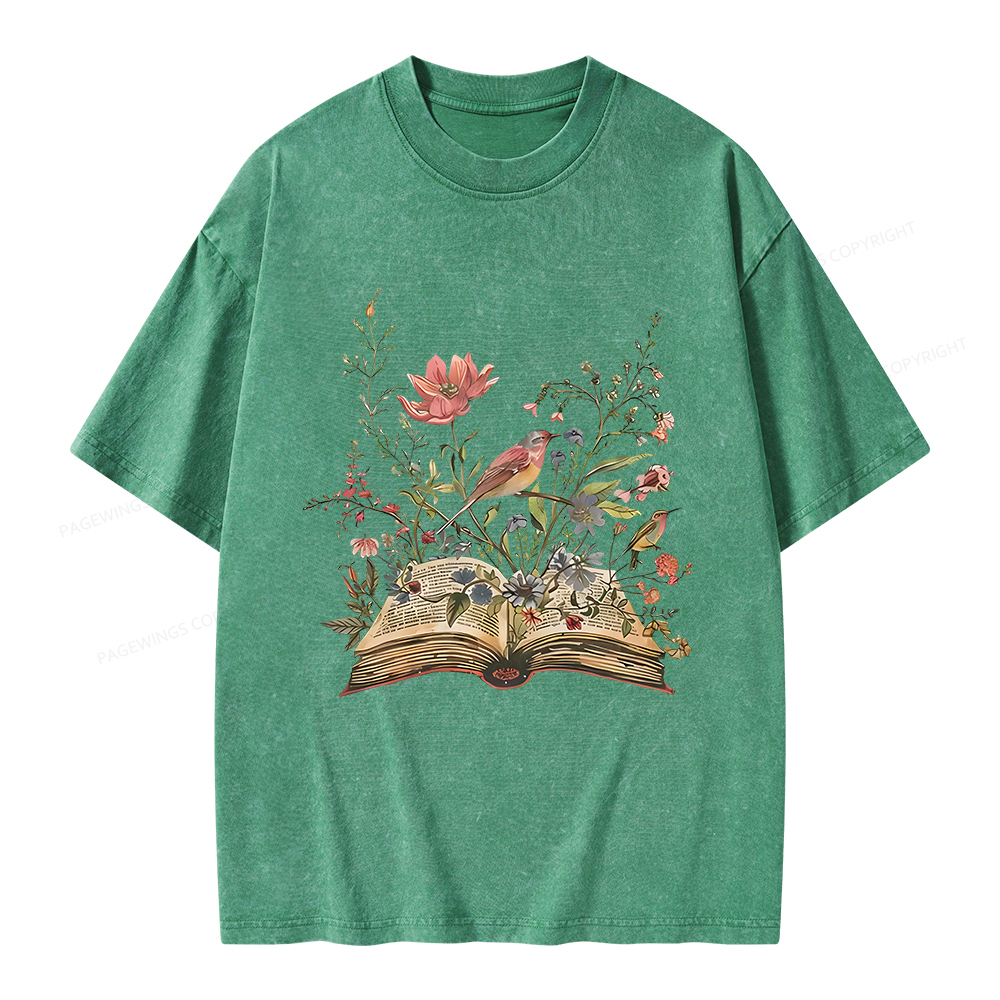 Pagewings Book Flowers Unisex Washed T-shirt