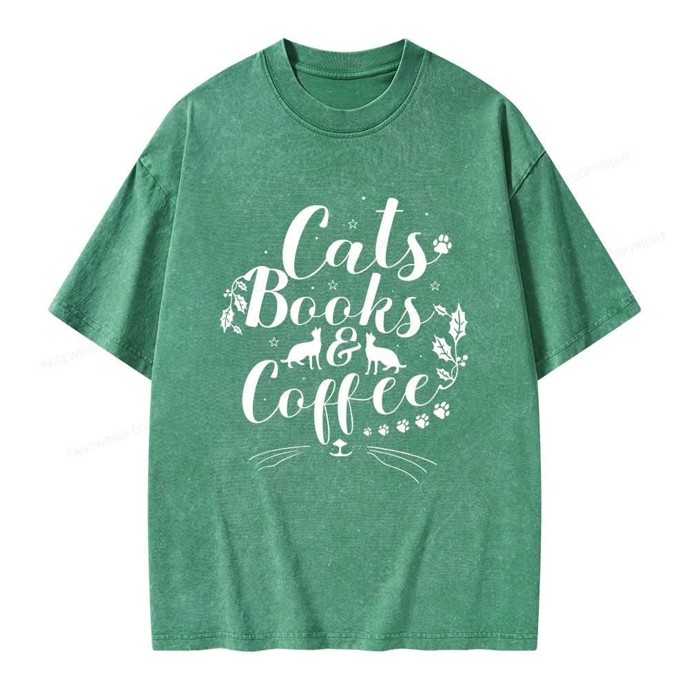 Pagewings Cats Books And Coffee Unisex Washed T-shirt