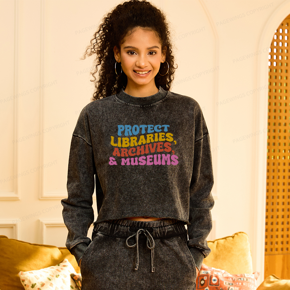 Pagewings Protect Libraries Archives And Museums Washed Crop Sweatshirt