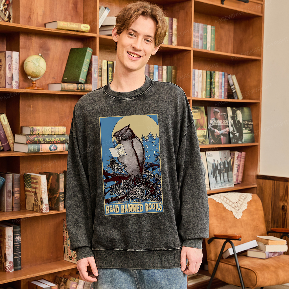 Pagewings Owl Read Banned Books Washed Sweatshirt