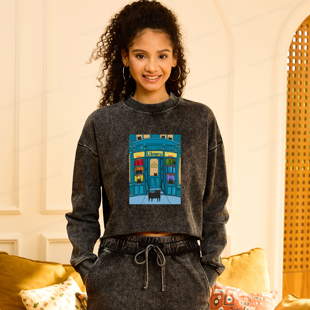 Pagewings The Library Cats Washed Crop Sweatshirt