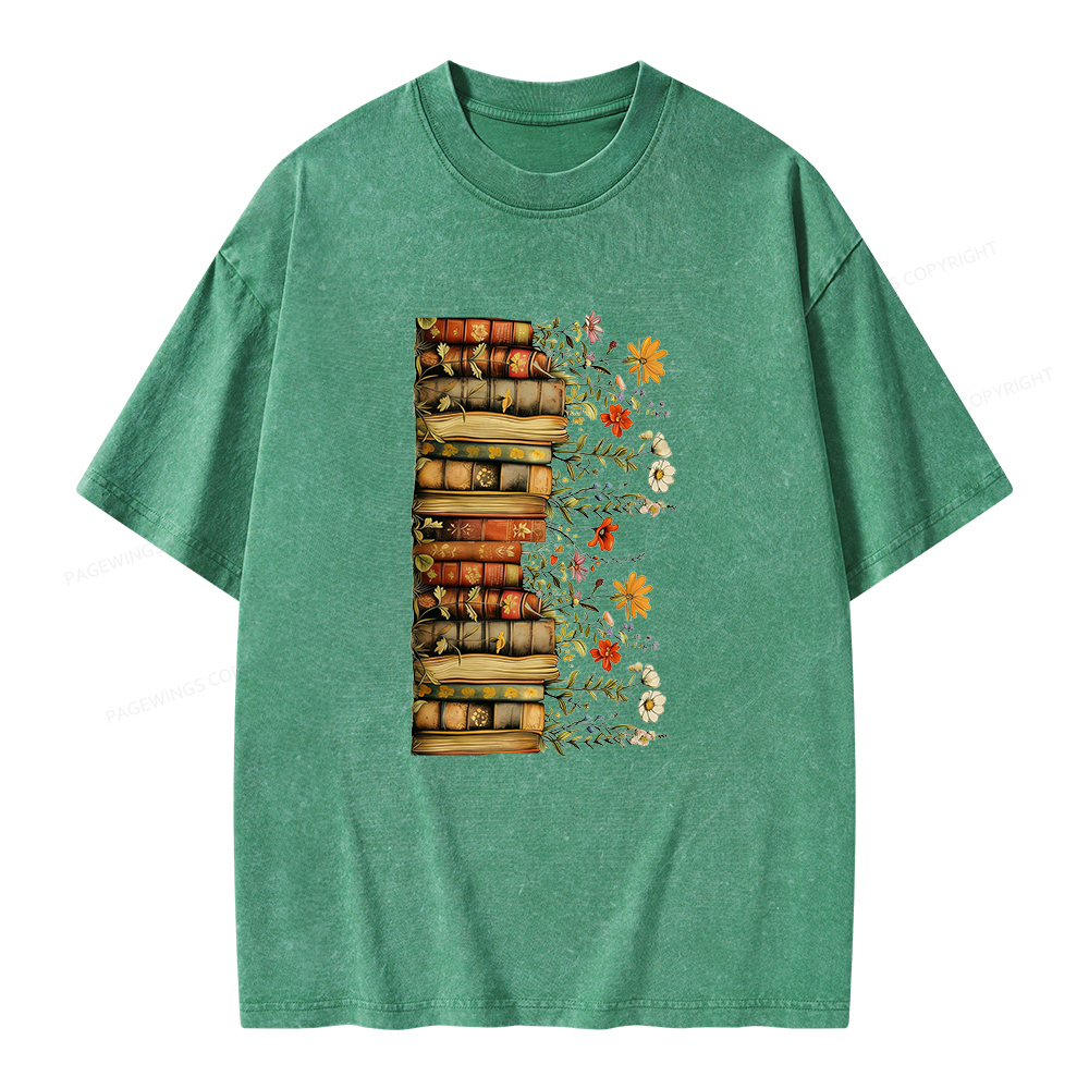 Pagewings Floral Books Unisex Washed T-shirt