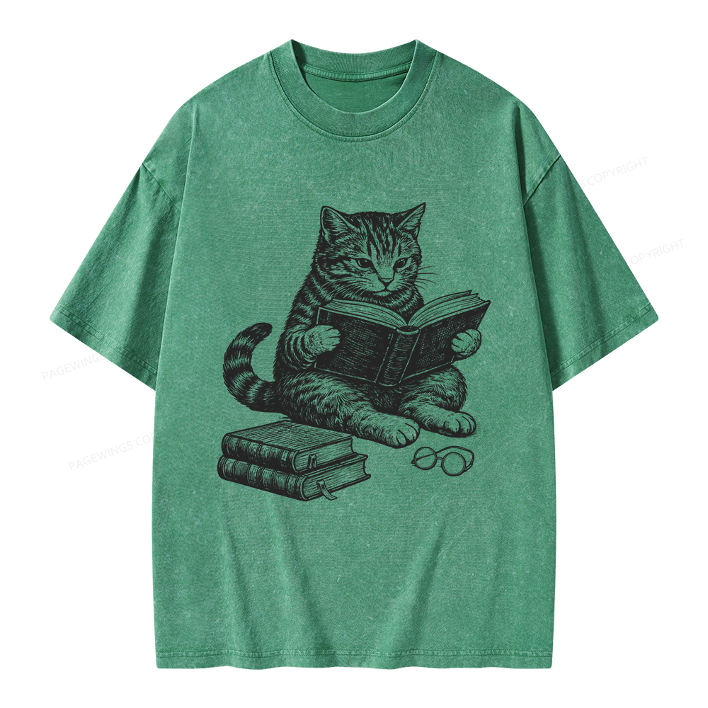 Pagewings Cat Reading Book Unisex Washed T-shirt