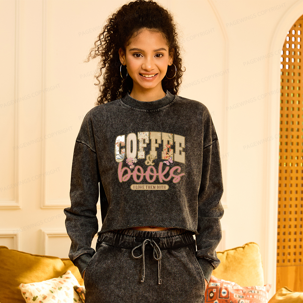 Pagewings Coffee And Books Washed Crop Sweatshirt