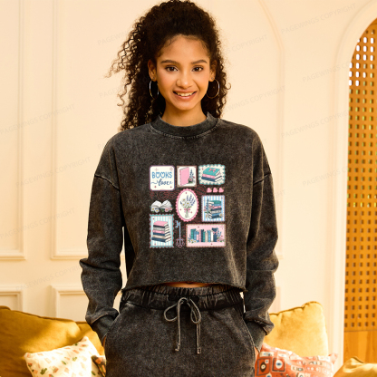 Pagewings Retro Book Club Washed Crop Sweatshirt