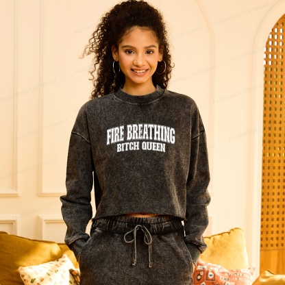 Pagewings Fire Breathing Bitch Queen Washed Crop Sweatshirt