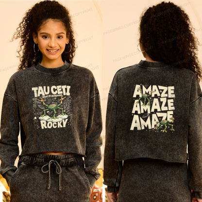 Pagewings Rocky Tau Ceti Home of Astrophage Washed Crop Sweatshirt