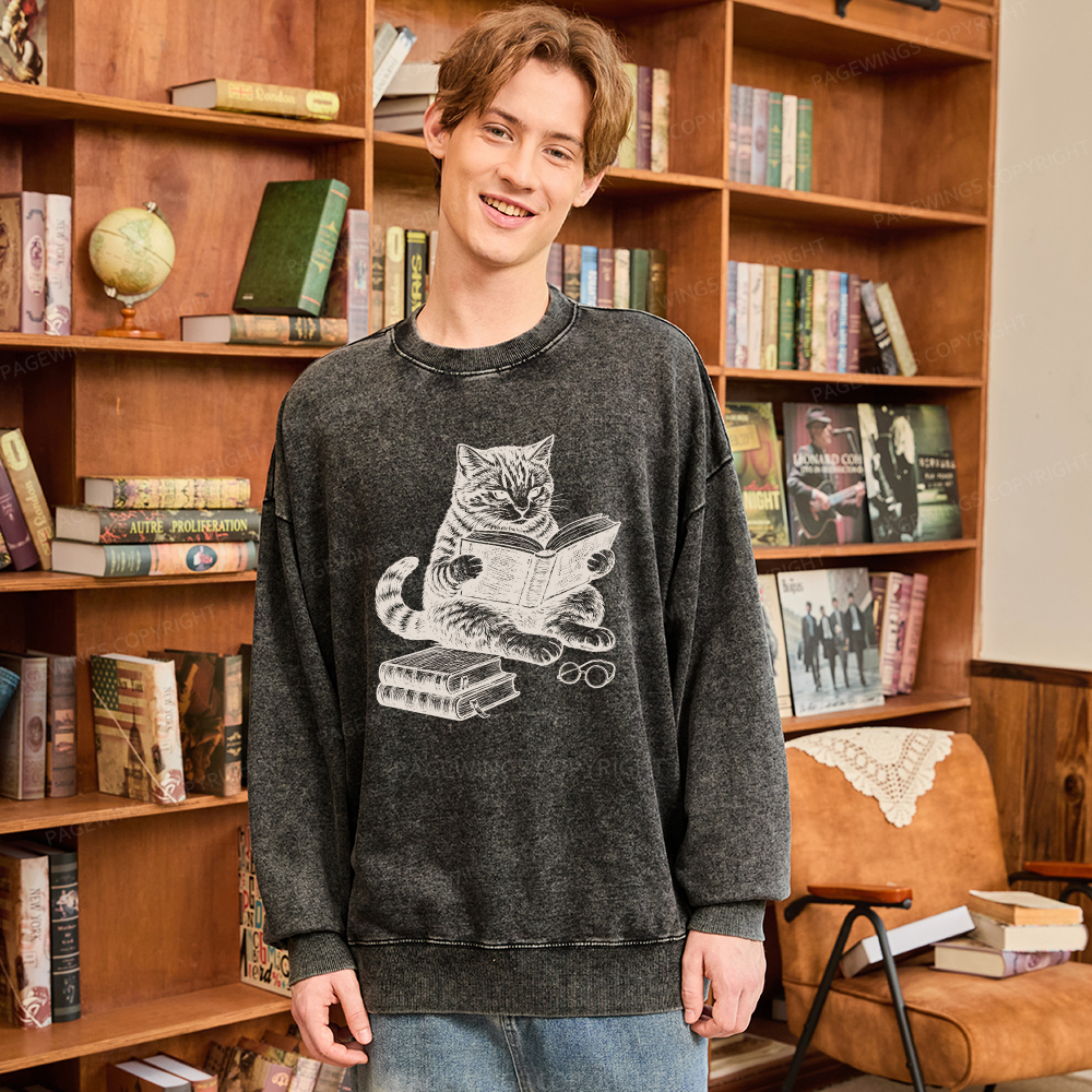 Pagewings Cat Reading Book Unisex Washed Sweatshirt