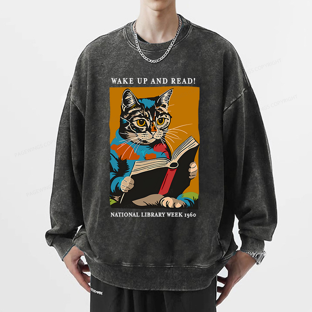 Pagewings Cat Reading Poster Unisex Washed Sweatshirt