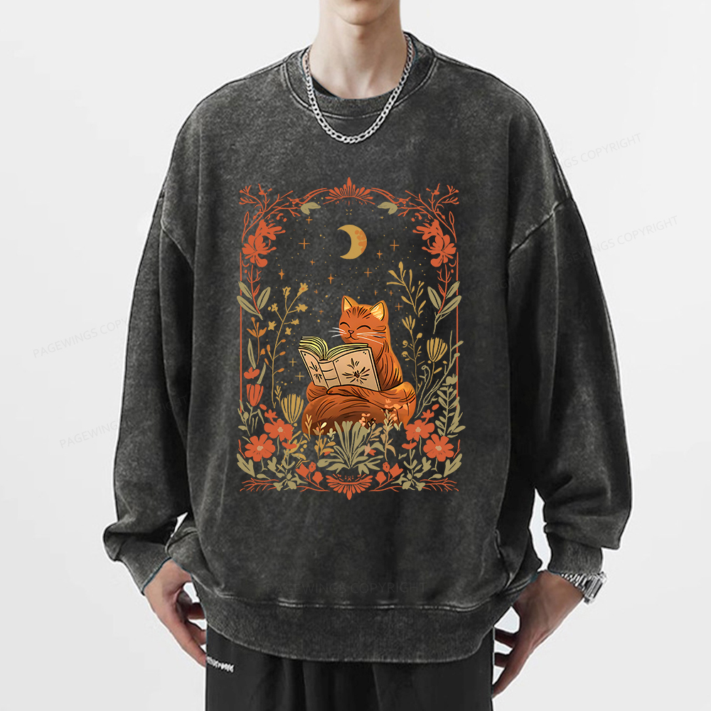 Pagewings Cat Wildflower Book Reading Unisex Washed Sweatshirt