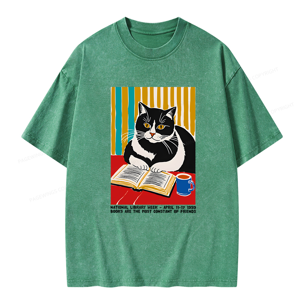 Pagewings Ational Library Week Cat Poster Unisex Washed T-shirt