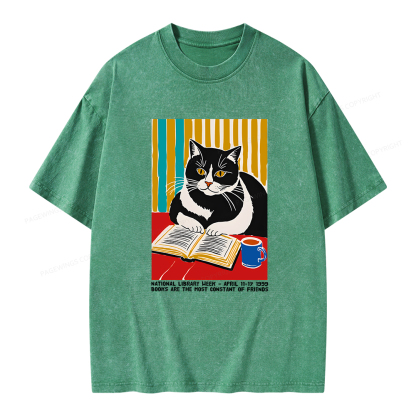 Pagewings Ational Library Week Cat Poster Unisex Washed T-shirt