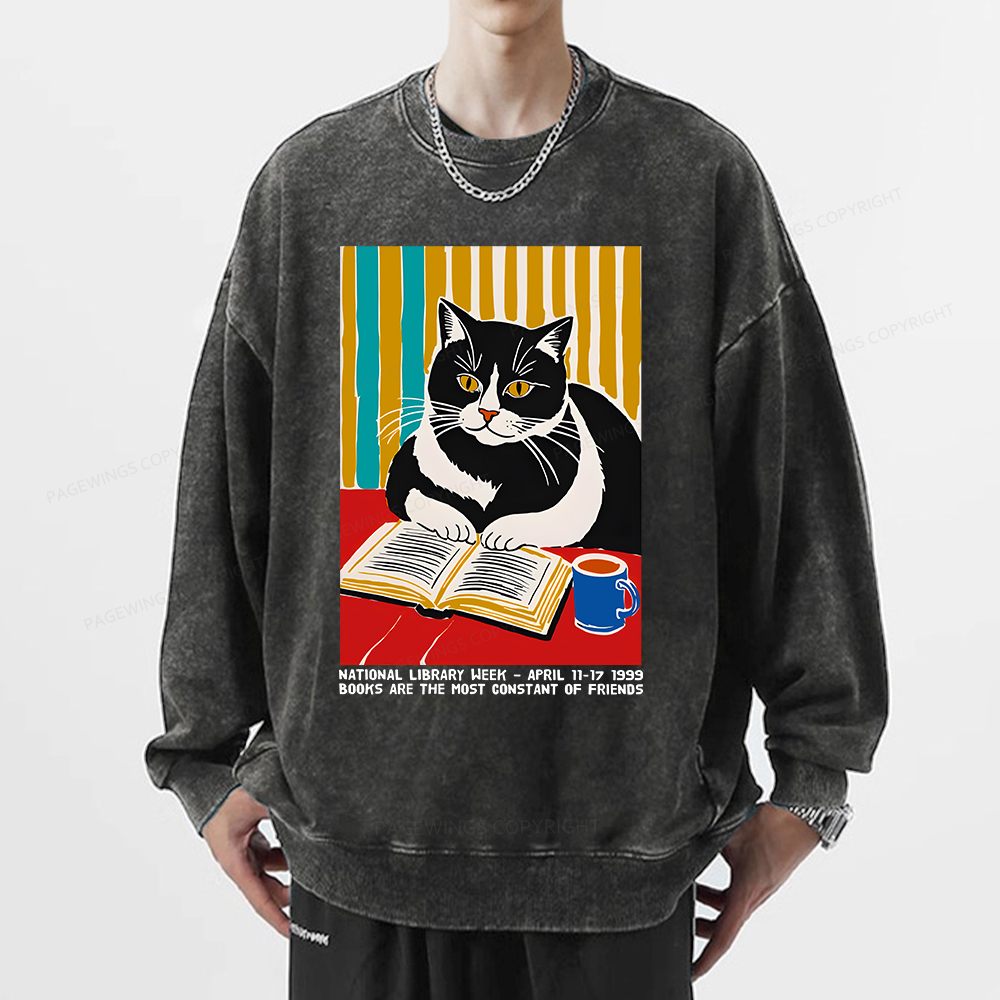 Pagewings Ational Library Week Cat Poster Unisex Washed Sweatshirt