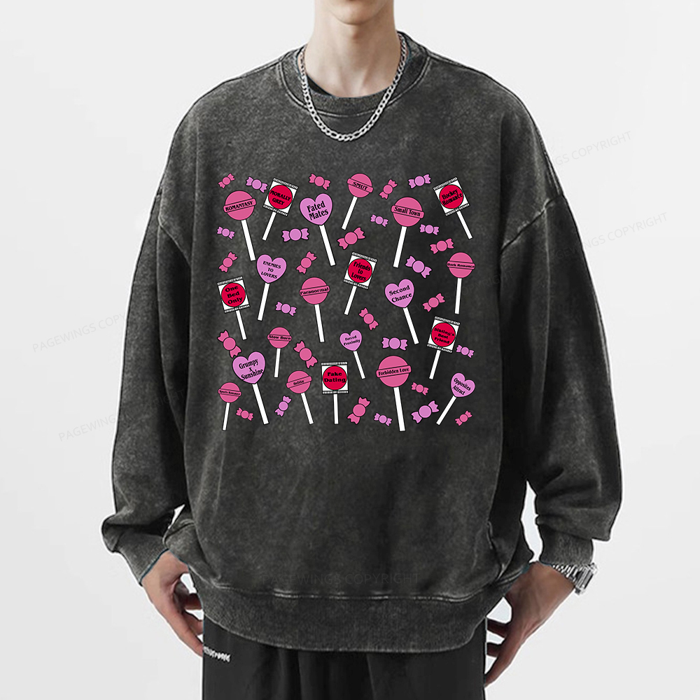 Pagewings Cute Candy-Themed Bookish Unisex Washed Sweatshirt